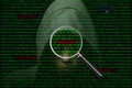 Hacker over a screen with binary code and warning messages Royalty Free Stock Photo