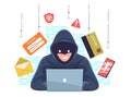 Hacker phishing attack. Cybersecurity threat cybercrime, cyber thief in hood at laptop fraud hack computer security unauthorized Royalty Free Stock Photo