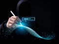 Hacker is pointing a pen at a group of zeros on a dark background. Concept of information security in internet networks and