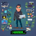 Hacker or programmer character design with icon set come with typographic for header design - illustration