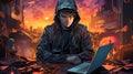 Hacker programmer in a hoodie working on the darknet