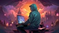 Hacker programmer in a hoodie working on the darknet