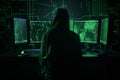 hacker programmer surrounded by green programming codes in a dark ambient cyberspace, AI Generative Royalty Free Stock Photo