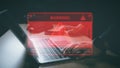 Hacker or programmer using laptop with triangle caution warning sign, coding, cryptography, hacker, crime, virus, for notification Royalty Free Stock Photo