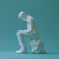 Hacker, programmer, IT worker, man typing on laptop. Figure made of crumpled paper on blue background Royalty Free Stock Photo