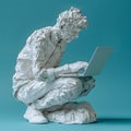 Hacker, programmer, IT worker, man typing on laptop. Figure made of crumpled paper on blue background Royalty Free Stock Photo