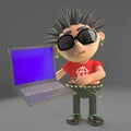 Hacker punk rocker with new laptop computer, 3d illustration