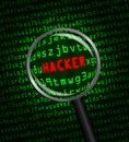 HACKER in red revealed revealed in green computer machine code through a magnifying glass