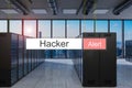 Hacker in red search bar large modern server room skyline view, 3D Illustration