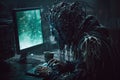 hacker robot hacks into a computer. Cyborg of future is working at computer. Concept of cyber security. Generative AI Royalty Free Stock Photo