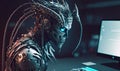Hacker robot hacks into a computer. Cyborg of future is working at a computer. Concept of cyber security Royalty Free Stock Photo