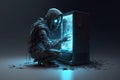 Hacker robot hacks into a computer with a database. The concept of cybersecurity and personal data protection in the future Royalty Free Stock Photo