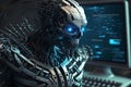 hacker robot hacks into a computer with a database. concept of cybersecurity and personal data protection in the future Royalty Free Stock Photo