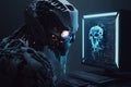 hacker robot hacks into a computer with a database. concept of cybersecurity and personal data protection in the future Royalty Free Stock Photo
