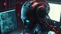 hacker robot hacks a computer in front of a monitor. concept of cybersecurity. Generative AI Royalty Free Stock Photo