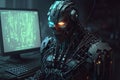hacker robot hacks a computer in front of a monitor. concept of cybersecurity. Generative AI Royalty Free Stock Photo