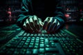 hacker\'s hands in close-up, working on the keyboard and launching the process of data theft,