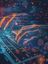 A hacker& x27;s hands rapidly type on a keyboard, illuminated by vibrant digital symbols and codes in a dark environment Royalty Free Stock Photo