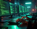 Hacker's Hands Typing Code on Multiple Screens in a Dark Room Royalty Free Stock Photo