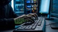 Hacker\'s Hands Typing on a Keyboard with Green Code in a Dark Server Room Royalty Free Stock Photo
