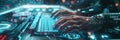 A hacker's skilled hands rapidly type on a keyboard, surrounded by glowing digital symbols and codes, creating an