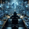 a hacker\'s work desk filled with highly advanced digital devices.
