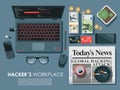 Hacker`s work place top view concept flat with laptop. Virus ware uploading on the net also table deck with glasses newspap Royalty Free Stock Photo