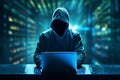 A hacker or scammer using laptop computer on dark technology background, phising, online scam and cybercrime concept. Generative Royalty Free Stock Photo