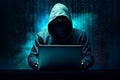 A hacker or scammer using laptop computer on dark technology background, phising, online scam and cybercrime concept. Generative Royalty Free Stock Photo