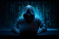 A hacker or scammer using laptop computer on dark technology background, phising, online scam and cybercrime concept. Generative Royalty Free Stock Photo