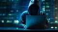 A hacker or scammer using laptop computer on night cityscape background, phising, online scam and cybercrime concept. Generative Royalty Free Stock Photo