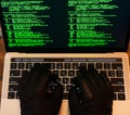 hacker scanning online passwords database and hacking emails of users. Top view. Technology of cyber security Royalty Free Stock Photo