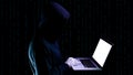 Hacker security cyber attack. Digital laptop in hacker man hand isolated on black. Internet web hack technology. Login Royalty Free Stock Photo