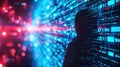 Hacker shadow on tech background, dark silhouette of person and digital data pattern. Concept of cyber security, technology, Royalty Free Stock Photo