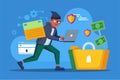 A hacker is shown using a laptop to breach a secure folder, seeking access to sensitive information, Hacker breaches locked folder Royalty Free Stock Photo