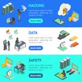 Hacker Signs 3d Banner Horizontal Set Isometric View. Vector