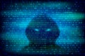 Hacker silhouette on the blue background with binary code textur