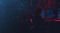 Hacker silhouette coding with multiple monitors in dark cyberpunk style environment