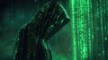 Hacker Silhouette in Green Binary Code Cascade with Dynamic Matrix-Like Patterns