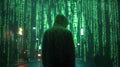 Hacker Silhouette in Green Binary Code Cascade with Dynamic Matrix-Like Patterns