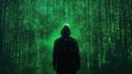 Hacker Silhouette in Green Binary Code Cascade with Dynamic Matrix-Like Patterns