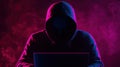 Hacker silhouette with laptop in neon smoke background