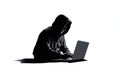 Hacker silhouette with laptop on a white background.