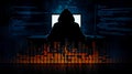 Hacker silhouette sitting in front of a computer screen with code and sound waves