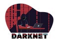 Hacker sits behind laptop, darknet user. Man searching hidden information in dark net, stealing personal data, banking