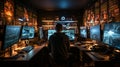 a hacker sits in a dark room and stares at countless computers and monitors