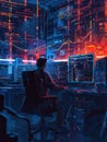 A hacker sits at a desk in a dimly lit room, focused on multiple computer screens displaying lines of code and data