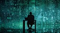 A hacker sits at a desk, immersed in the glow of a computer screen, meticulously manipulating code and unraveling digital