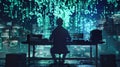 A hacker sits at a desk, immersed in the glow of a computer screen, meticulously manipulating code and unraveling digital