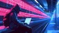 A hacker sits in a metro station, working on a laptop that connects to public Wi-Fi, showcasing the hazards of unsecured